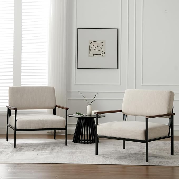 Set of 2 Mid Century Modern Accent Chair Arm Chairs, Comfy Armchair Linen Upholstered with Black Metal, Beige