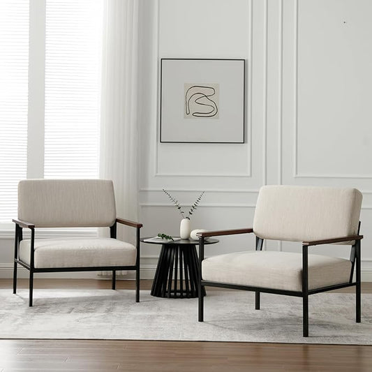 Set of 2 Mid Century Modern Accent Chair Arm Chairs, Comfy Armchair Linen Upholstered with Black Metal, Beige