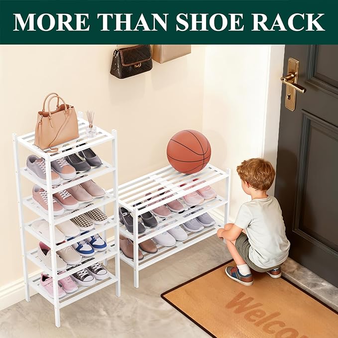 Smiry Small Bamboo Shoe Rack 2-Tier, Stackable Wooden Shoe Organizer for Entryway & Closet, Free Standing Wood Shoe Storage Shelf for Front Door & Small Spaces, White