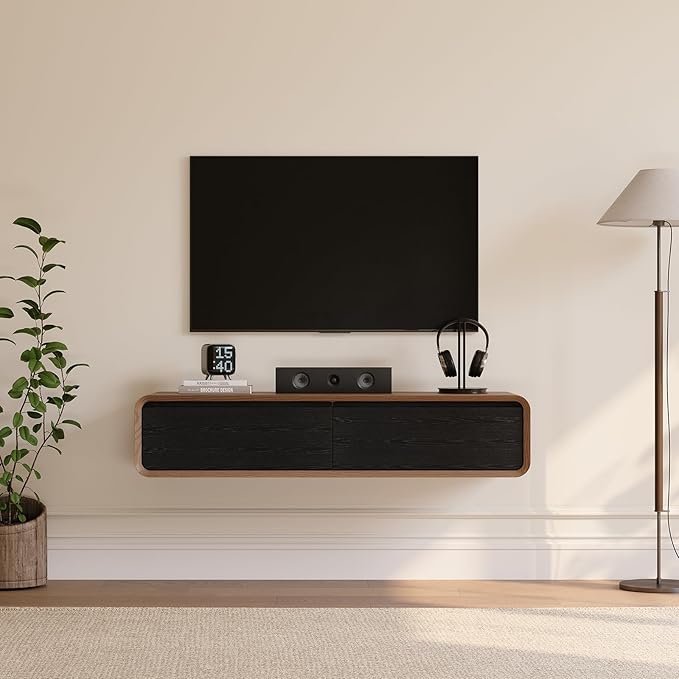POVISON Fully-Assembled Minimalist Floating TV Stand, Modern Wall-Mounted Entertainment Center with 2 Flip-Down Cabinet Doors, Solid Wood Media Console, Walnut & Black, 47.24"