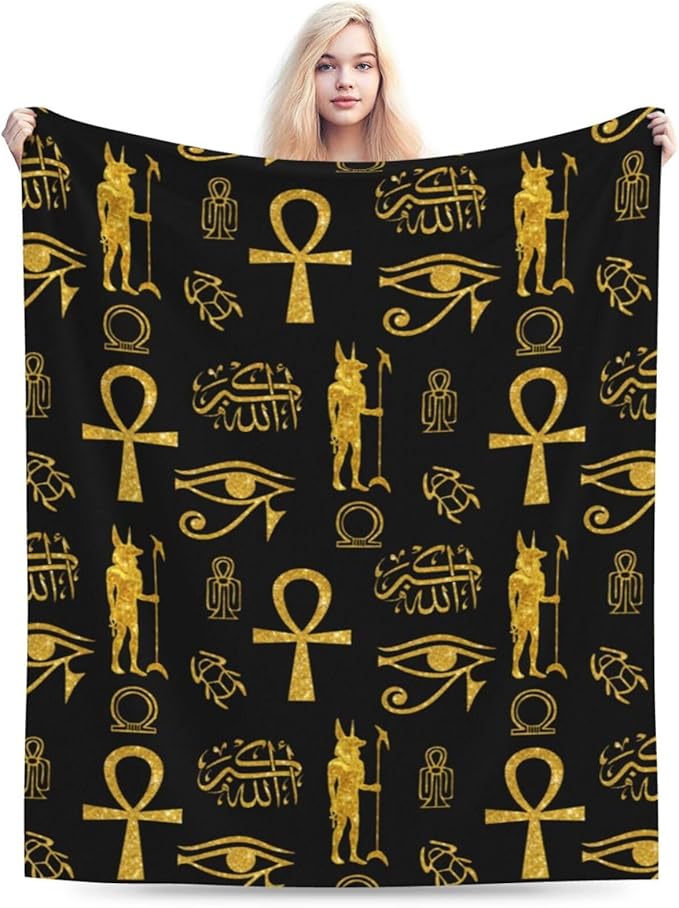 Ancient Egyptian Ankh Cross Gold Allahu Akbar Anubis Blankets for Mens Womens Boys Girls Gifts 60X50 Inches Ultra-Soft Warm Lightweight Bedding Throw for Bed, Sofa, Couch