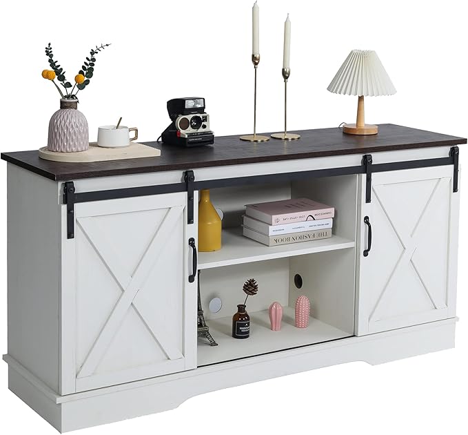 Rainbow Sophia TV Stand, Storage Cabinet with Sliding Barn Doors and Adjustable Shelves, Modern 28”H, Vintage White/Espresso