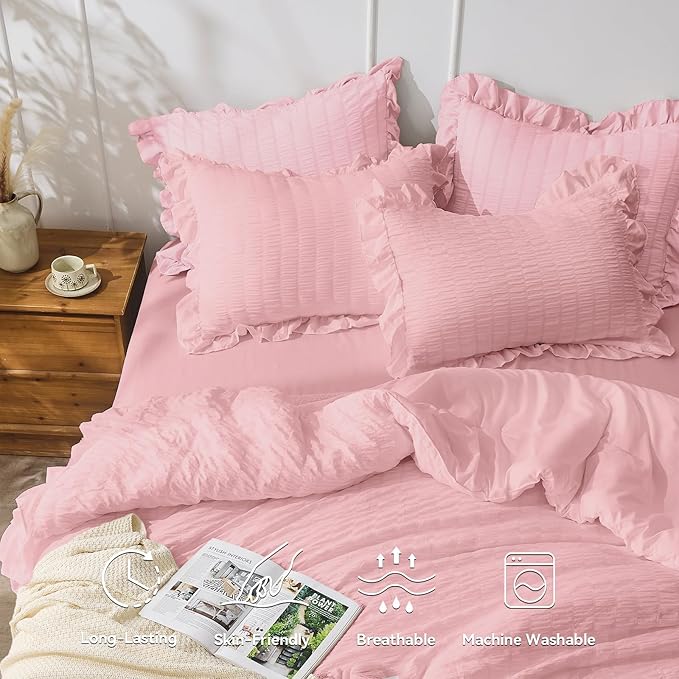 JOLLYVOGUE Pink Twin Size Comforter Set, 2 Pieces Seersucker Lightweight Fluffy Bedding Set, Twin Ruffle Comforter, All Season Soft Microfiber Shabby Chic Bed Set