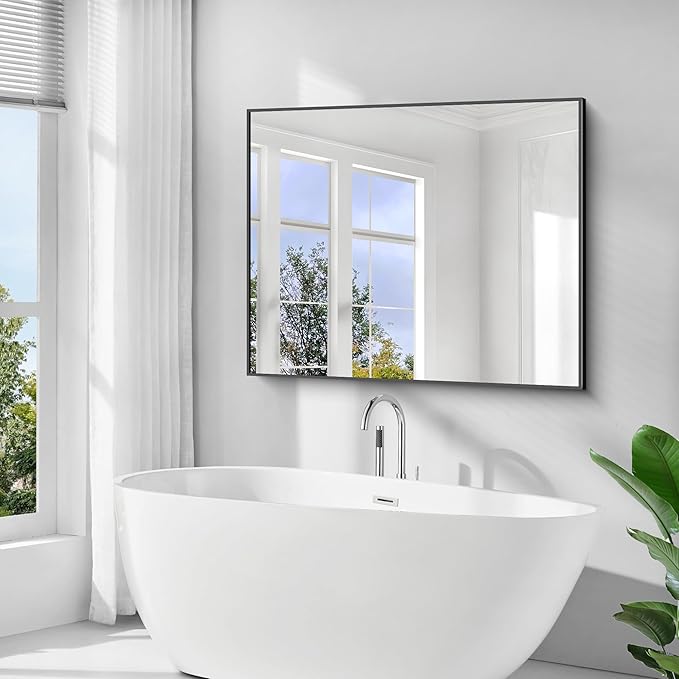BONEWEI Bathroom Mirror,40x48 inch Bathroom Mirrors for Over Sink,Large Wall Mirror for Bathroom Wall Mounted Rectangle Mirrors,Black Vanity Mirror for Living Room,Bedroom Entryway,Horizontal/Vertical