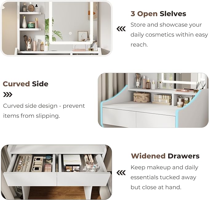 Small Vanity Desk, Makeup Vanity with Mirror and Lights, Vanity Desk with Drawer & 3 Storage Shelves, White Makeup Vanity Desk with Lights for Bedroom
