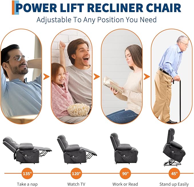 Power Lift Recliner Chair for Elderly, Living Room Massage & Heat, Small Spaces Useage or RV Single Sofa for Adults, 135° Reclining Accent Chairs, 2 Cup Holders and Side Pockets (Corduroy Gray)