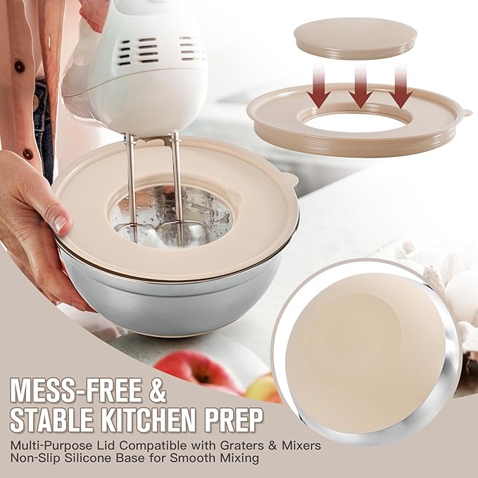 30PCS Mixing Bowls with Lids Set, Stainless Steel Nesting Bowls with Graters, Non-Slip Silicone Bottom, Large Khaki Bowls 7QT to 1QT & 21 Measuring Cups and Spoons Great for Mixing, Baking, Serving