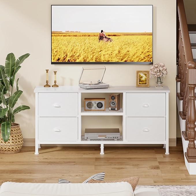 Furologee TV Stand Dresser with 4 Drawers, Entertainment Center with Open Shelf, Small Television Stands for 50" TV, Media Center for Bedroom, Living Room/White