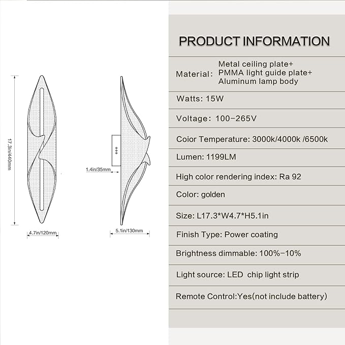 Modern Gold Wall Sconce 17.3Inch, Hardwired LED Wall Lamp with Remote Control Dimmable Acrylic Wall Lights for Living Room Hallway Bedroom Stairs