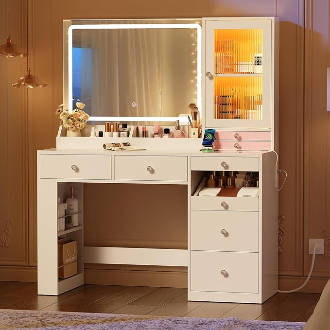 Makeup Vanity Desk with Mirror and Lights & Large LED Cabinet, Vanity Table with 2 Jewelry Boxes, 6 Drawers, and Built-in Shelves, Dressing Table with Power Outlets for Women Girls Bedroom, White