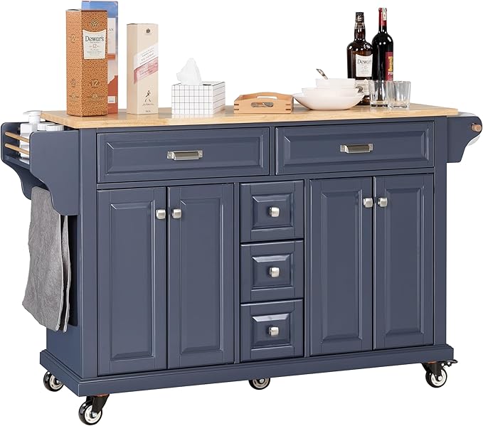 60.5 Rolling Solid Wood Kitchen Island with Rubberwood Top, 5 Drawers, 2 Cabinets, Adjustable Shelves, Spice Rack & Locking Wheels – Painted Finish, Navy Blue