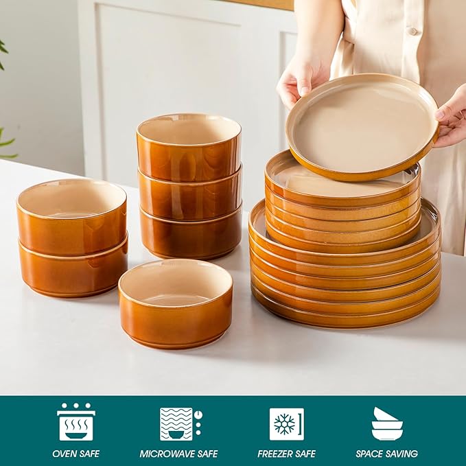 vancasso ONION Ceramic Plates and Bowls Sets, 18 Pieces Brown Dinnerware Sets for Kitchen, Reactive Glaze Dishes Set for 6, Dishwasher and Microwave Safe