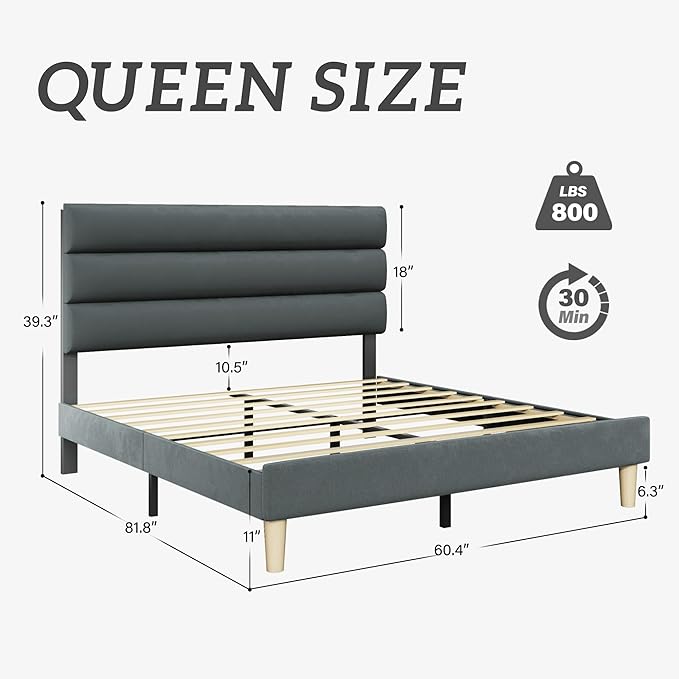 Queen Bed Frame, Platform Bed Frame with Velvet Upholstered Headboard, No Box Spring Needed, Sturdy Metal Support, Noise Free, Easy Assembly, Modern Bedroom Furniture, Grey