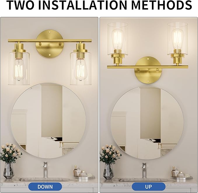 GORDNWE 2-Light Bathroom Wall Sconce, Gold Vanity Light, Modern Wall Light Fixture with Clear Glass, J0019