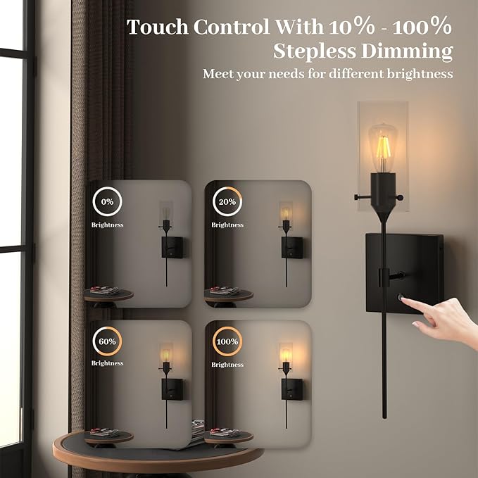 Dimmable Battery Operated Wall Sconce Set of 2, Rechargeable Wall Mount Light No Wiring, Easy Install Wireless Wall Lamp for Living Room Bedroom Hallway Farmhouse Indoor, Bulb Included