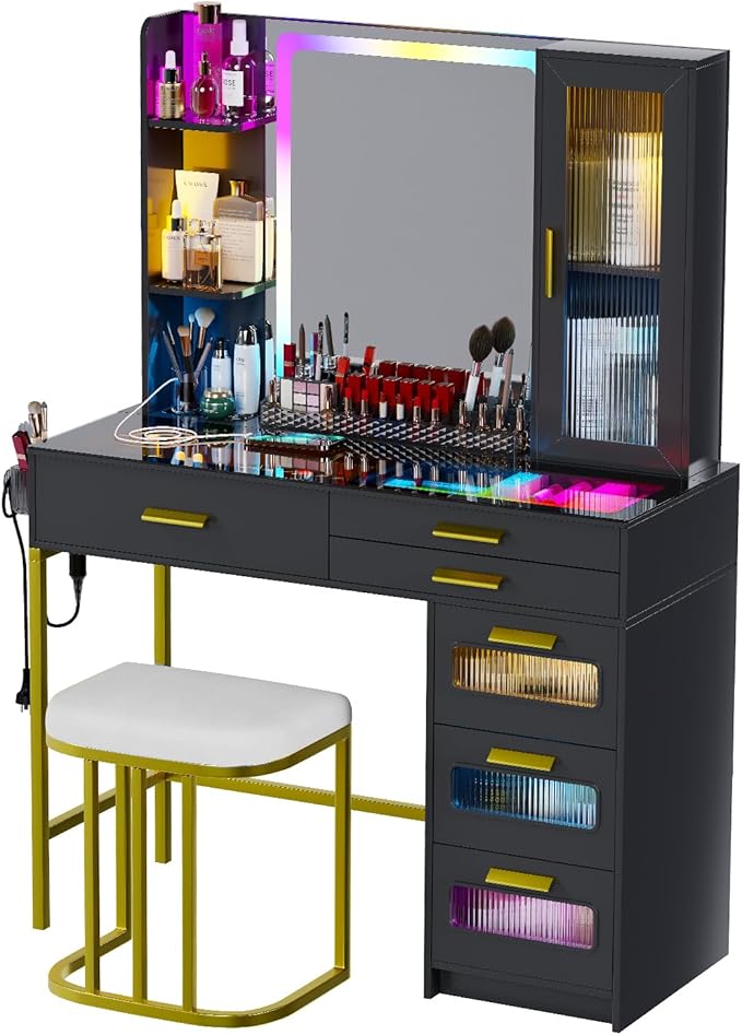 Vanity Desk with Mirror and RGB Lights，Glass top Makeup Vanity Table Set with Stool & Charging Station, Dressing Table with RGB Cabinet,6 Drawers,Lipstick Grid for Bedroom,Black