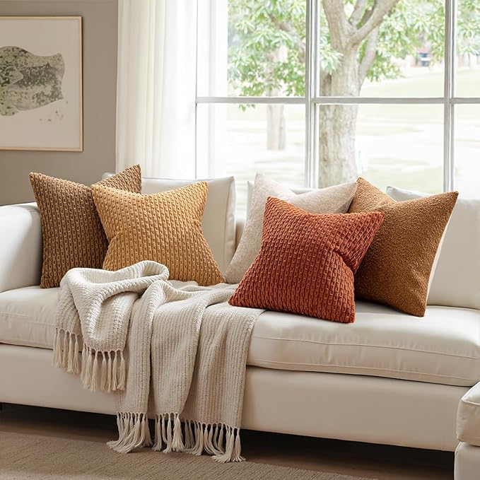 MIULEE Fall Rust Throw Pillow Covers Soft Corduroy Decorative Eruo Sham Set of 2 Boho Striped Pillow Covers Pillowcases Farmhouse Home Decor for Couch Bed Sofa Living Room 24x24 Inch