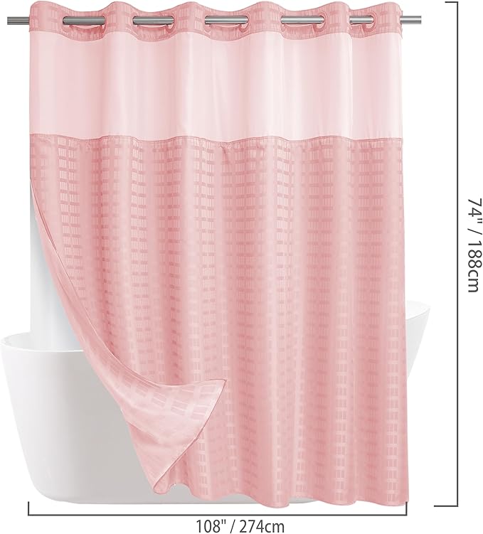 Conbo Mio Extra Wide No Hook Shower Curtain with Snap in Liner Set, 108" x 74" Hotel Luxury Pink Shower Curtains for Bathroom with See Through Top Window, Waterproof, Washable 108W x 74H