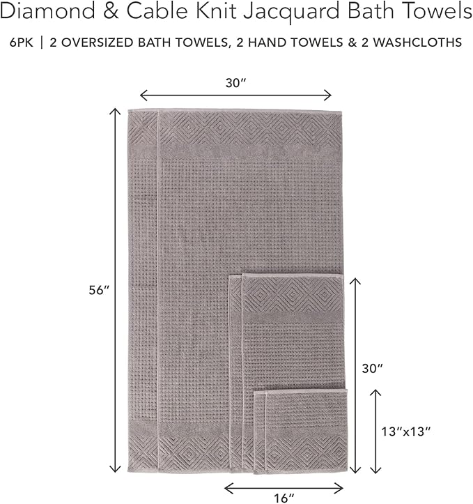 Texere 100% Organic Cotton Diamond Jacquard 700 GSM Luxury Bath Towel Sets - 2 Ultra Soft, Large Bath Towels, 2 Hand Towels, 2 Washcloths (Diamond, Cathedral Gray, 6 Piece)
