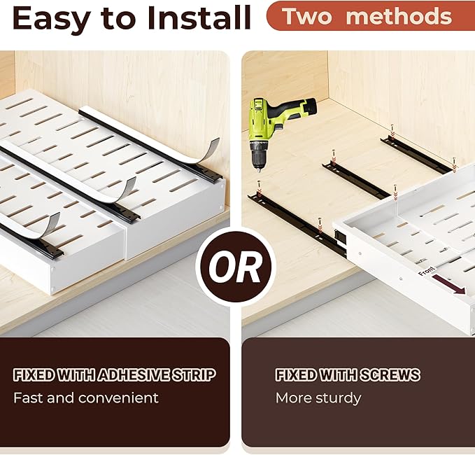 2Pack Pull Out Cabinet Organizer, Slide Out Drawer Expandable Width (12"-19") and Depth (17"-23") With 3 Slides, Fixed with Adhesive Film or Nail for Cabinets in Kitchen, Pantry or Bathroom