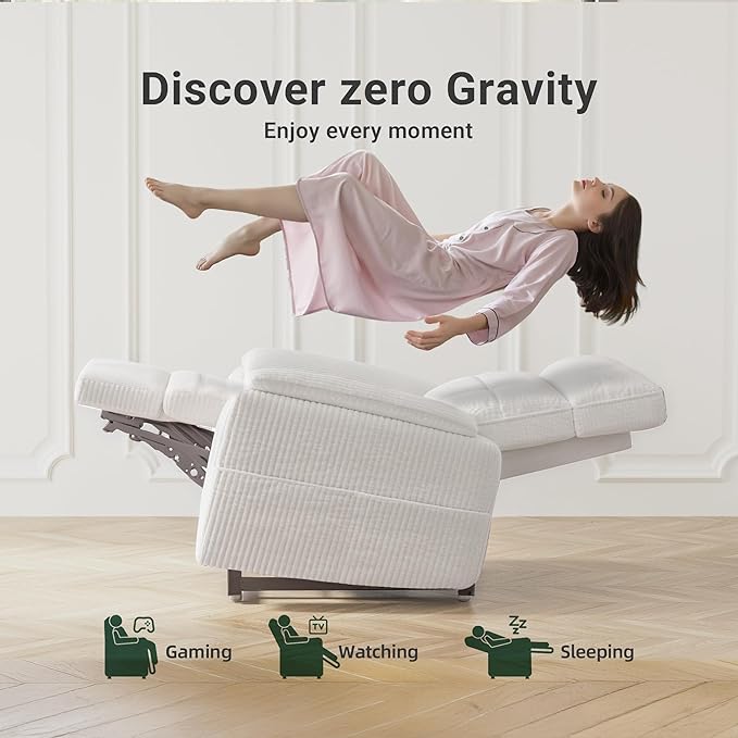 Claiks Zero Gravity Recliner Chair, Oversized Reclining Chair for Adults, Adjustable Electric Reclining Sofa Lounge with USB&Type-C Ports, Side Pocket, for Living Room, Corduroy, White