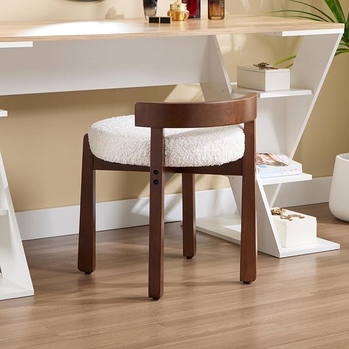 DUOMAY Modern Boucle Vanity Stool, Upholstered Low Back Ottoman with Solid Wood Legs Cute Round Footrest Makeup Stool Dressing Seat for Living Room Bedroom, White