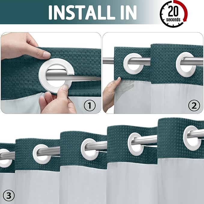 YellyHommy No Hook Shower Curtain with Snap in Liner Set Less Time Waffle Shower Curtain for Bathroom 75" L x 72" W Seaweed Green