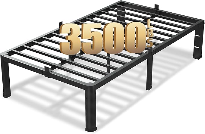 16 Inch Twin Size Bed Frame, 3500Lbs Heavy Duty Metal Platform with Round Corner Legs Mattress Slide Stopper, Steel Slat Support No Box Spring Needed, Noise Free, Non-Slip, Easy Assembly