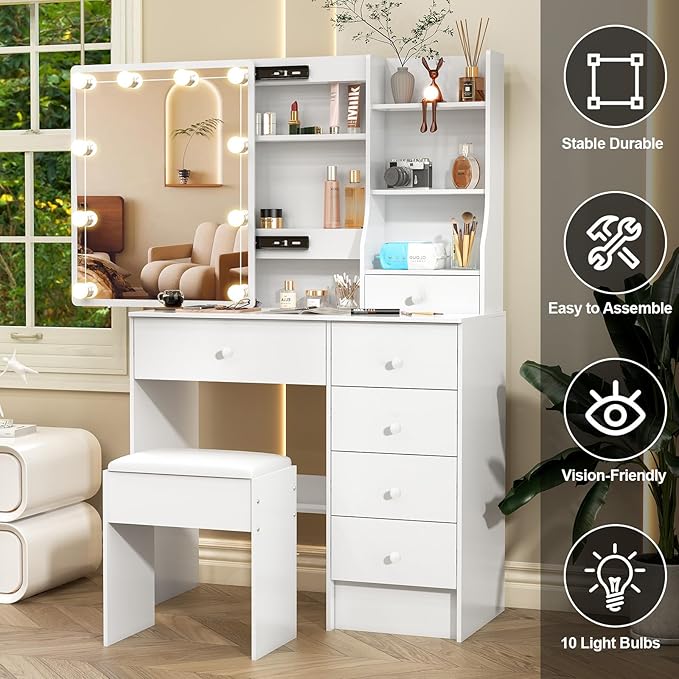 Small Vanity with Mirror and Lights,Vanity Table with 6 Drawers 6 Storage Shelves & 10 LED Bulbs Slide Mirror for Bedroom,White,31.5" L*14.2" W*51.2" H
