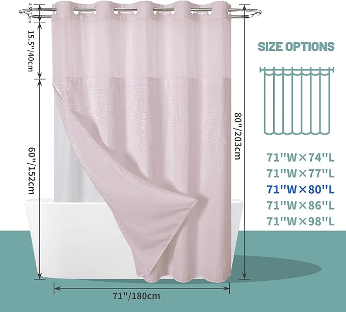 BlushPink Long No Hook Waffle Weave Shower Curtain with snap-in Liner Replacement, 230GSM Waterproof Fabric Hotel Shower Curtain Set for Bathroom, Through Mesh Top Window,71Wx80H