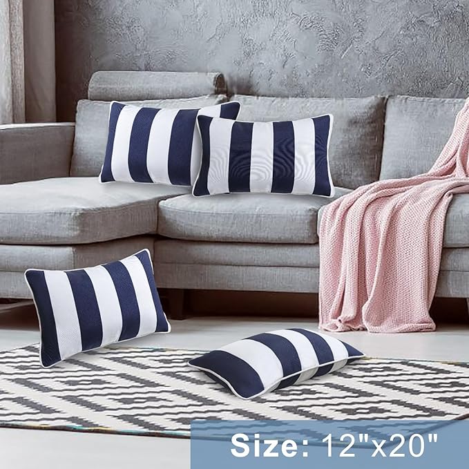 JMGBird Outdoor Lumbar Pillows, Waterproof Throw Pillows with Insert, Pack of 2, 12×20 Inch- Add a Pop of Color Outdoors (Blue and White)