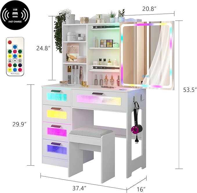 HNEBC Vanity Desk with Sliding Mirror and LED Lights, RGB Vanitys with Charging Station, Makeup Vanitys with Remote Control, White Dresser with Stool/Lager Drawers for Bedroom (White)