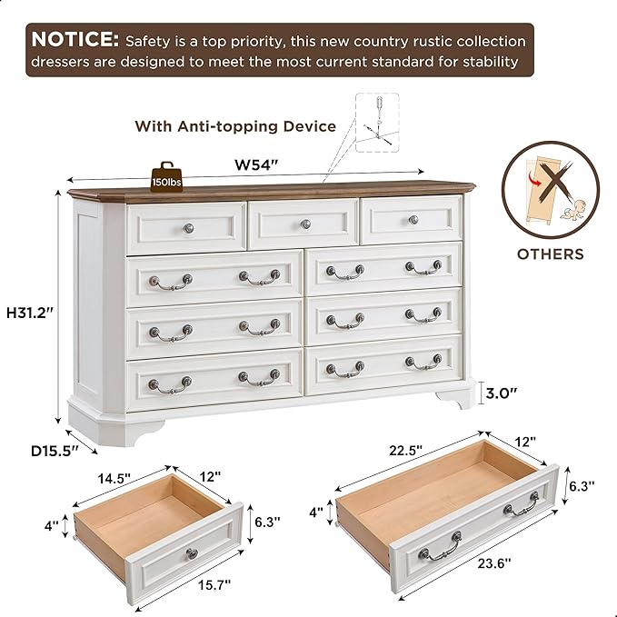 T4TREAM Farmhouse 9 Drawers Dresser for Bedroom, 54" Wide Wood Rustic Chest of Drawers with Natural Texture, Vintage Design, Storage Dressers Organizer for Bedroom, Living Room, Hallway, Antique White