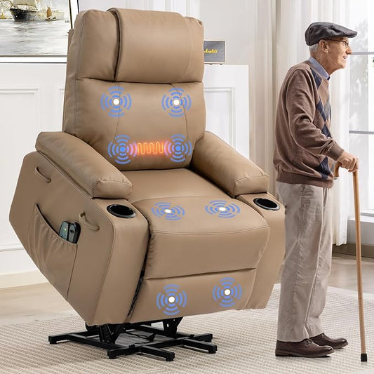 Power Lift Recliner Chair for Elderly with Massage & Heat, 160° Adjustable PU Leather Electric Recliner with Remote, Cup Holders, Side Pockets, and Stand Assist for Living Room, Bedroom (Brown)