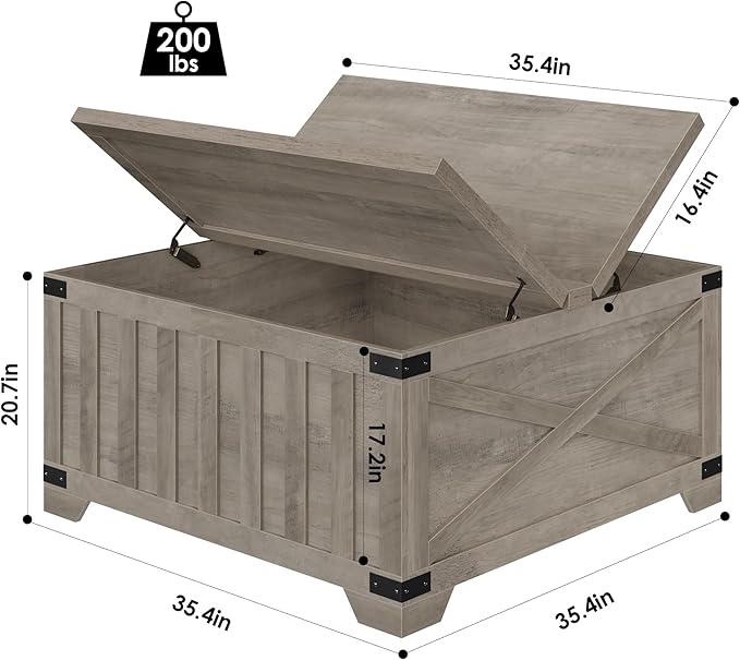 HOSTACK Farmhouse Coffee Table with Storage, 35.4" Square Center Table with Hinged Lift Top, Vintage Wood Cocktail Table with Thickened Top for Living Room, Home (Ash Gray)