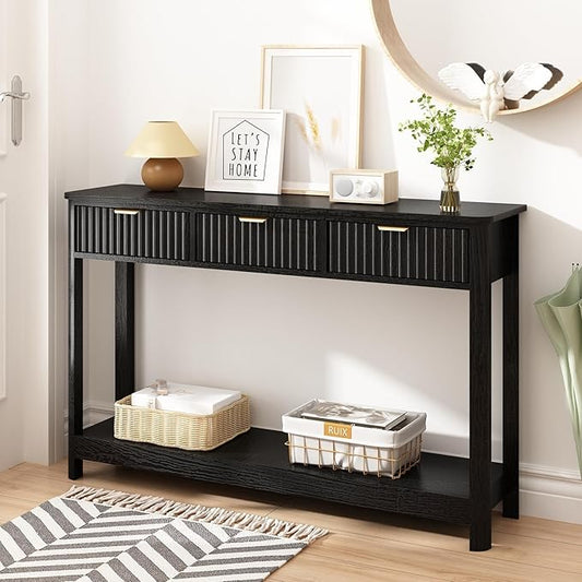 Fluted Console Table with Drawers, Modern 47.1" Entryway Table with Storage Shelf, Boho Narrow Skinny Behind Couch Wood Sofa Table for Living Room Hallway Entrance Foyer, Black
