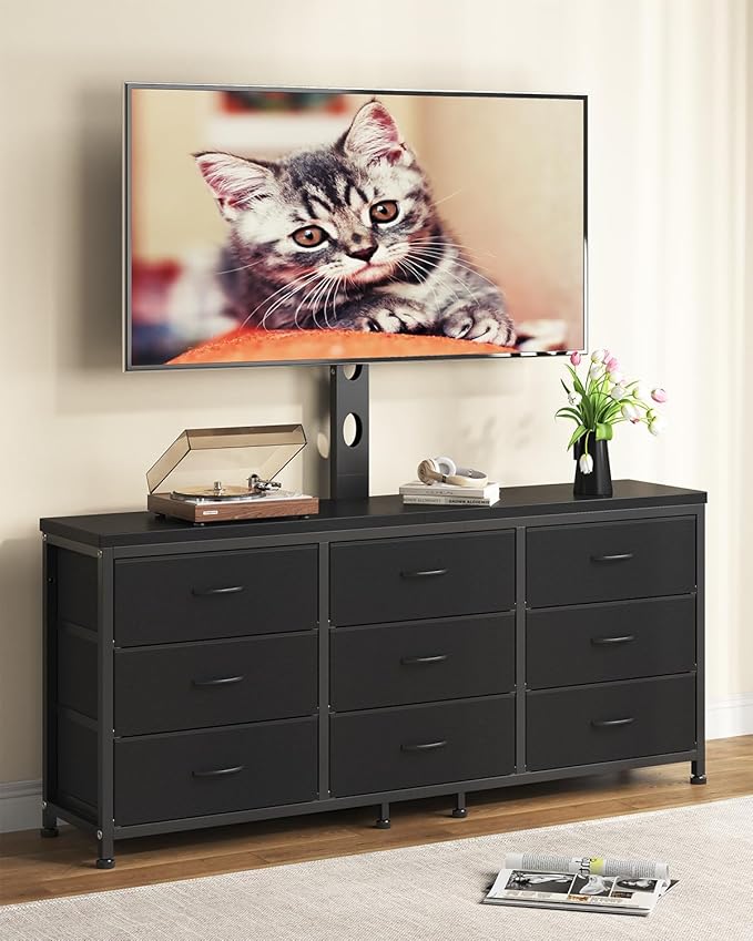 TV Stand with Mount for 32/55/65/75/85 inch TVs, Entertainment Center with 9 Fabric Drawers Dresser Storage, Height Adjustable Media Console