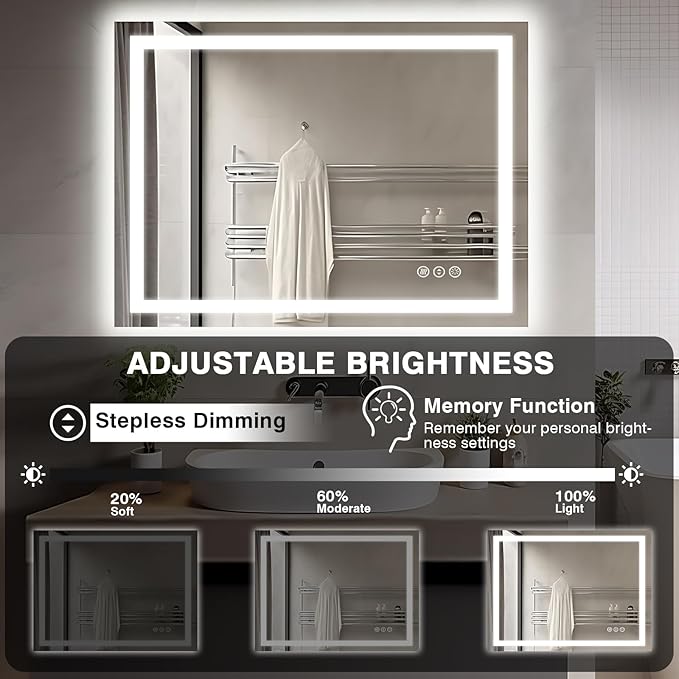 40"x30" LED Lights Bathroom Mirror with Front Lit and Backlit, Anti-Fog Vanity Mirror with Lights, Stepless Dimmable Lighted Mirror, 3 Colors Smart Mirror (Horizontal/Vertical)
