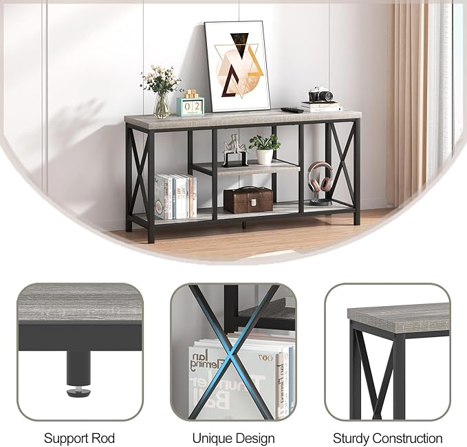 FOLUBAN Modern TV Stand for TVs up to 55 Inch, Rustic Wood Entertainment Center with Storage Shelves, Industrial Media TV Console and TV Table for Living Room Bedroom, 47 Inch Light Grey