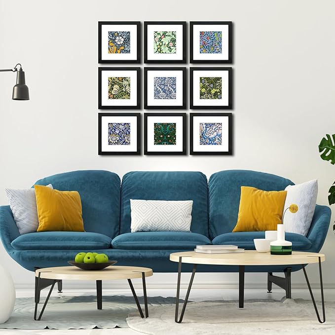 8x8 Picture Frame Set of 9 for Pictures 5x5 with Mat or 8x8 Without Mat, Wall Gallery or Tabletop display Photo Frames in Black