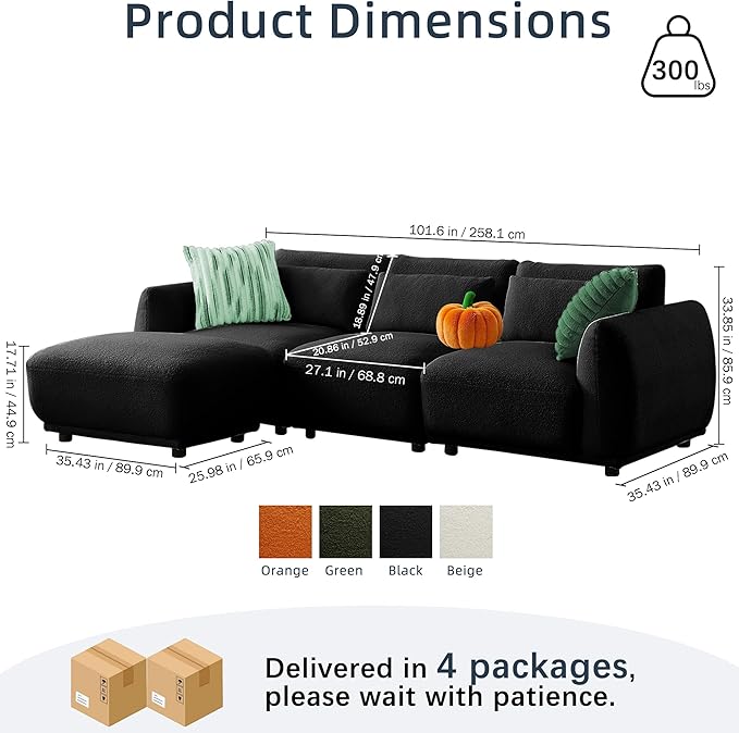 Sectional Sofa Couch, Modern Convertible U Shaped Sectional Couch with Ottoman, Modular Sectional Sofa Cloud Couches for Living Room (Black, 3 Set + 1 Ottoman)