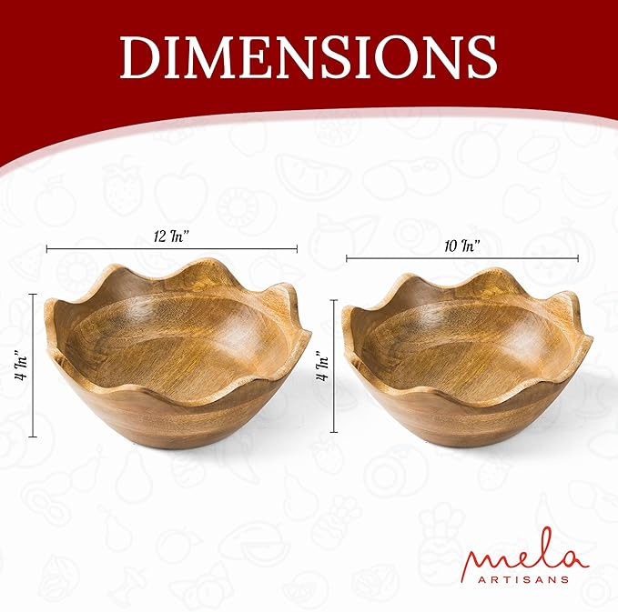 Mela Artisans Scalloped Decorative Wooden Bowls Set of 2 |12 Inch &10 Inch Mango Wood Fruit | Serving Bowls | Natural Grain Texture | Kitchen Counter | Snacks | Desserts | Bread | Handcrafted Decor