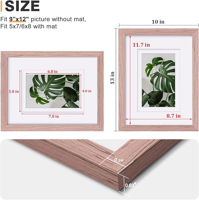 Egofine 9x12 Picture Frame Made of Solid Wood Covered by Plexiglass, Wood Frame for Pictures 5x7/6x8 with Mat or 9x12 without Mat, Tabletop and Wall Mounting Display, Peach Pink