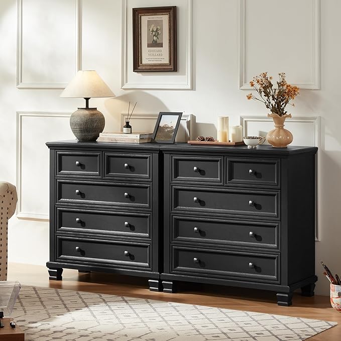 Farmhouse 5 Drawer Dresser Set of 2, 32.6 Inch Tall Modern Chest of Drawers for Bedroom, Rustic Small Dressers w/Square Solid Wood Legs, Mid Century Storage Organizer for Hallway, Black