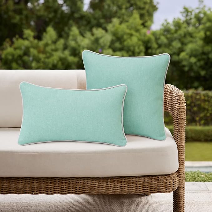 Decorative Outdoor Water Repellent Throw Pillows with Inserts, Set of 4, 20" x12" Pillows for Patio, Backyard, Bed, Couch, and Patio Furniture, Aqua Green