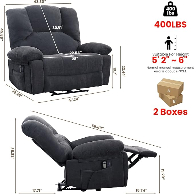 Oversized Power Recliner Chair 350lb with Hidable Cup Holders, Extra Wide Large Big Electric Recliner Chair with Lumbar Support Pillow Nursery Chair Living Room (Power, GREY-6001)