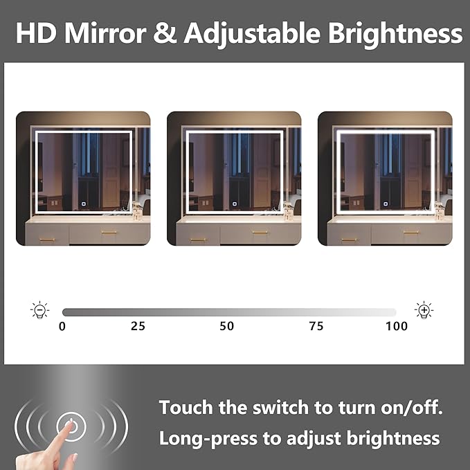 Vanity Desk with Lighted Mirror and Charging Station&Glass Tabletop, Sliding Mirror Makeup Vanity Table, Dressing Table with Hidden Storage Cabinet, Brightness Adjustable(Glass Tabletop-No Stool)