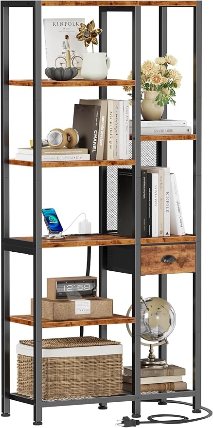 Furologee 6-Tier Bookshelf with Charging Station, Double Display Shelf with Drawer, Tall Freestanding Bookcase, Metal Open Book Shelf for Living Room, Bedroom, Home Office, Rustic Brown