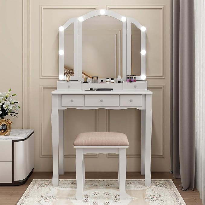 Vanity Desk with Mirror and Lights, Kids Vanity with Lights,5 Drawers and Cabinets White Vanity with Lighted Mirror Vanity Desk and Chair for Bedroom