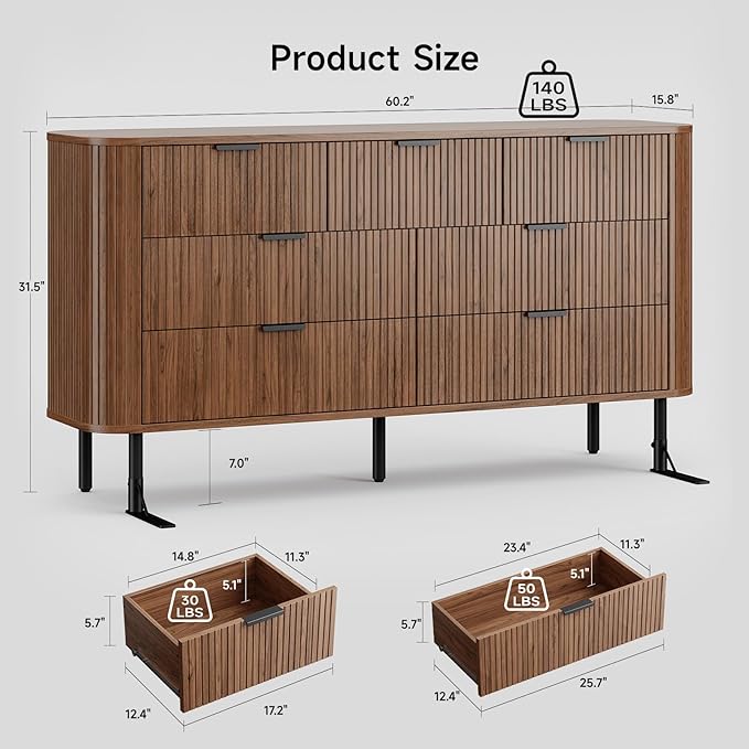 Fluted Dresser for Bedroom with 7 Drawers, 60 Inch Wide Modern Chest of Drawers with Metal Handle, Curved Profile Design, Wood Dresser TV Stand for Bedroom, Living Room, Hallway, Walnut